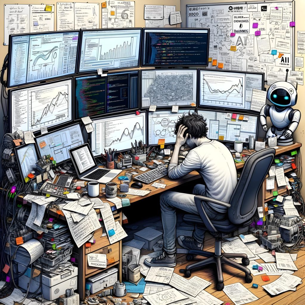 Les bases du SEO. Un homme devant une multitude d'écran, dessin style bande dessinée